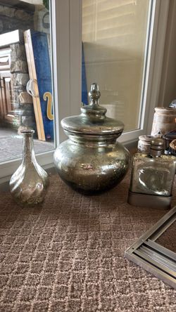 Mercury glass pot with lid, decorative bottle and vase