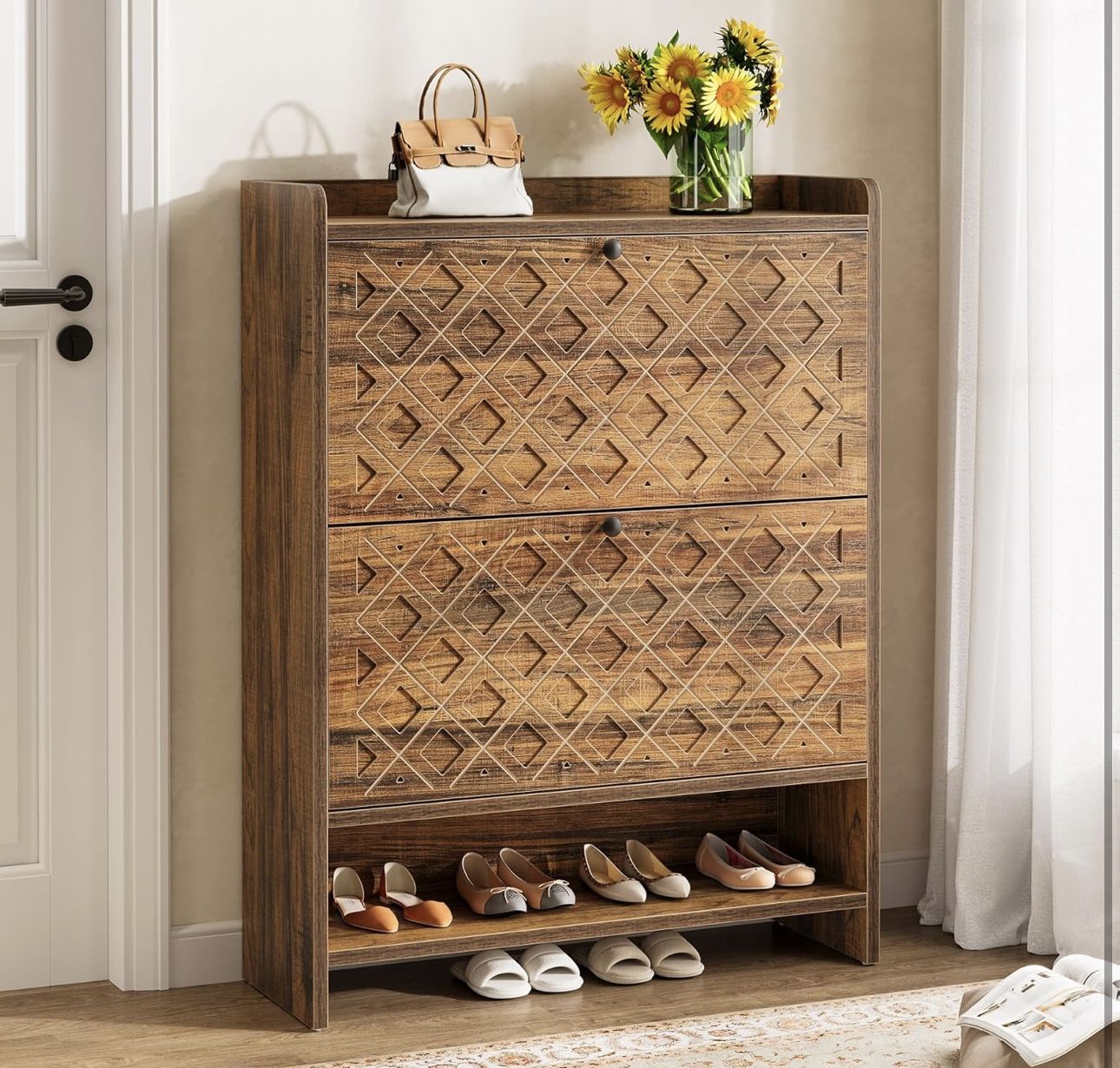 LD0011 Organizer Cabinet with Open Shelf for Entryway, Foyer, Hallway, Rustic Brown