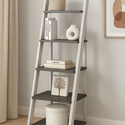 Modern 5-Tier Ladder Shelf – Gray Wood Bookcase