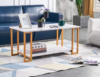 Modern 2-Tier Rectangle Coffee Table with Bottom Open Storage Shelf and Metal Frame Cocktail Table Home Living Room End Table for Office Reception Roo