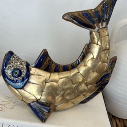 Tonala fish figurine with brass scales, Mexican pottery folk art fish Collectible Sculpture Handpainted Antique Nautical 