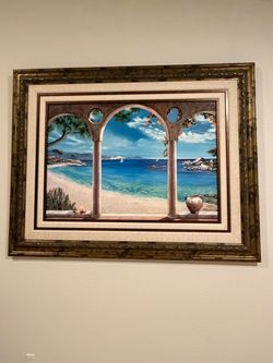 Large Framed Mediterranean Beach Scene Art Print