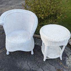 White Wicker Chair And Side Table/End Table 