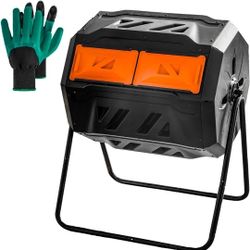 Compost Bin Outdoor, 43 Gallon Dual Chamber Tumbling Composting Bin with Sliding Doors, Tumbler Rotating Batch Composter Bin 