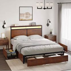 Queen Bed Frame with LED Headboard, 4 Storage Drawers, No Box Spring Needed