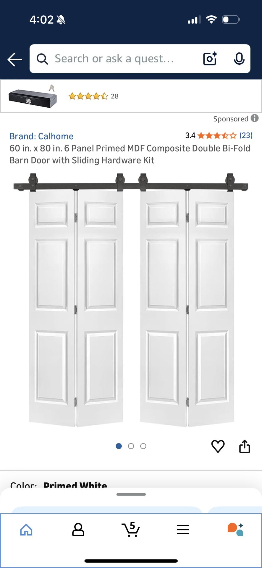 Cal home 60 in. x 80 in. 6 Panel Primed MDF Composite Double Bi Fold Barn Door with Sliding Hardware Kit