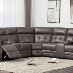GREY LEATHER RECLINING SECTIONAL 