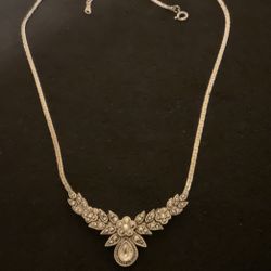 20” Silver Plated Necklace With Attached Pendant With Crystals And Markasite Gemstones 