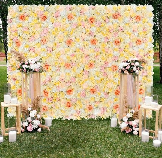 Floral Wall Backdrop Panels 5ftx3.74ft Yellow Pink Artificial Wedding Fake Flower Wall Backdrop for Bridal Shower Birthday Party Decor