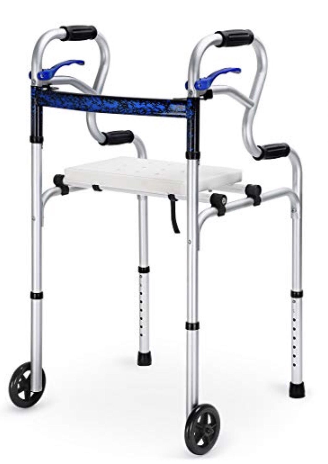 HEALTH LINE 4 IN 1 STAND-ASSIST FOLDING WALKER WITH DETACHABLE SEAT, TRIGGER RELEASE AND 5″ WHEELS SUPPORTS UP TO 350 LBS,