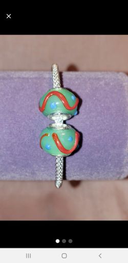 NEW 2 Murano Glass Green Silver Charms Beads