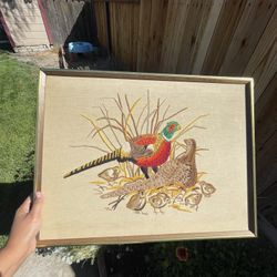 Pheasant Crewel embroidery Gold Wood Frame Bird