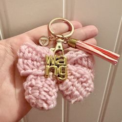 Cute Y2K Baby Pink A. w a n g Designer Gold Bow Charm Keychain