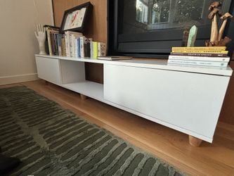 Long White Entertainment Console With Extra Shelf — Perfect Condition 