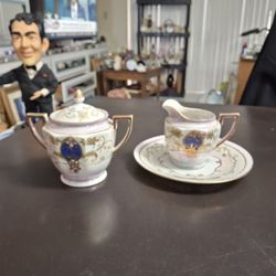 Gold Filagree Hand-painted 3PC Set Bone China Covered Sugar Bowl, Creamer & Plate, Iridescent Lavender, White & Blue Chinoiserie, Japan