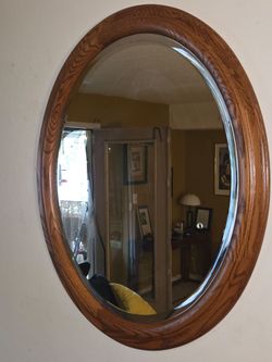 Large Vintage Solid Oak Oval Wall Mirror – Belgian Glass – Made in USA – 35" x 29.5"