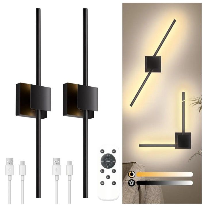 Battery Operated Wall Sconce with Remote Control, Dimmable Wall Sconces Set of Two with DIY Independently Rotatable Lamp, 3000K-6000K LED Wall Lights