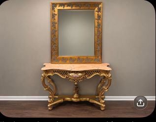 Ornate Gold Marble-Top Console Table & Large Mirror