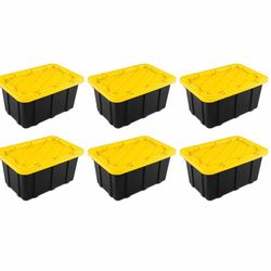 Sterilite 17 Gal Industrial Tote, Stackable Storage Bin with Snap-Fit Lid for Garage, Basement & Attic Storage, Black Base and Yellow Lily Lid, 6-Pack