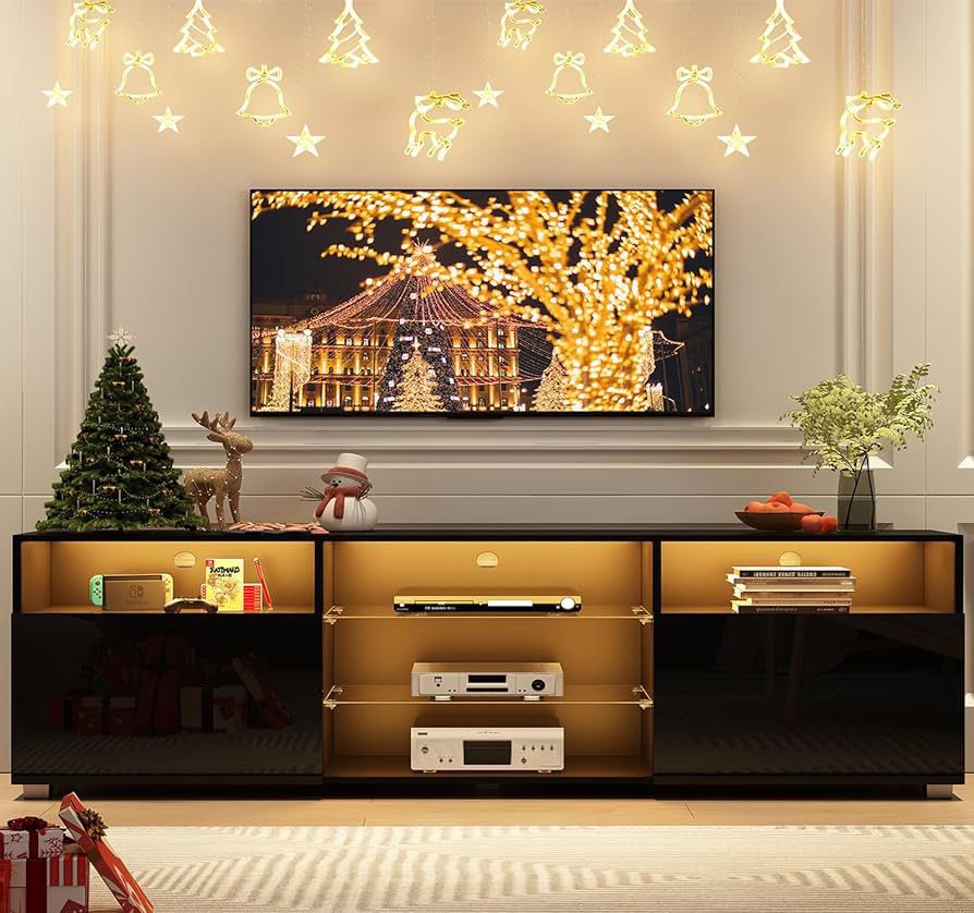 65IN LED TV Stand for 65/70inch TV,High Glossy White TV Stand for Living Room,Modern Gaming Entertainment Center with Adjustable Storage Shelf,RGB LED