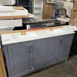 Gray 60” Double Sink Vanity With White Countertop