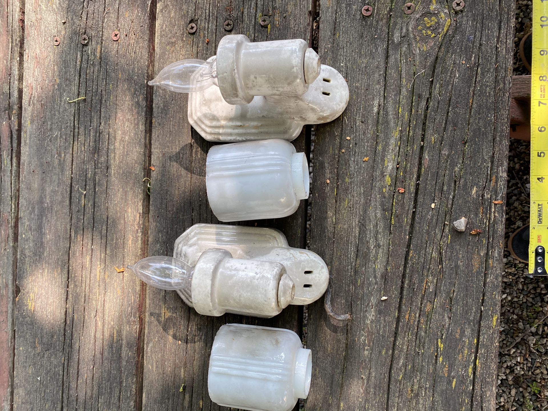 Pair of antique ceramic wall sconces with milk glass shades