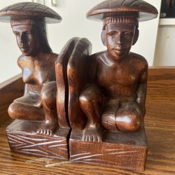 Vintage Hand-Carved Wood Figural Bookends – Matching Pair