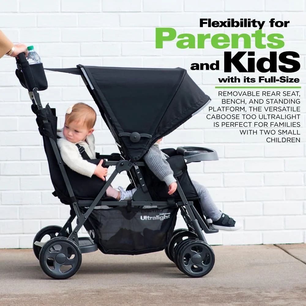 Joovy Caboose Too Ultralight Graphite Stand-On Double Stroller with Universal Car Seat Adapter, 3-Way Reclining Seats DOUBLE STROLLER