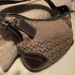 CC Coach Brown Canvas With Leather Trim Handbag Purse Tote 10" X 7"