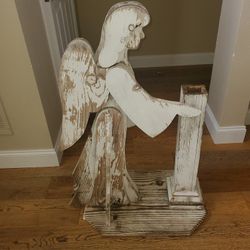 Wooden Rustic Folk Art - Praying Angel Pedestal (30"L x 17"W x 40.5"H)