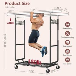 🥨2-Minute Assembly Double Rod Clothes Rack, Heavy Duty Rolling Clothing Racks with Wheels, Foldable Commercial Garment Rack, Extendable Hanging Bar