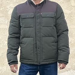 Levi's Dark Olive Green Puffer Jacket with Dark Brown Yoke