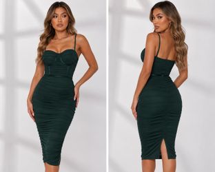 Women’s Dark Green Ruched Midi Dress – Size S – Like New