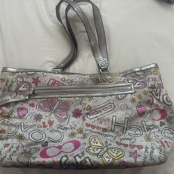 Coach Poppy Graffiti Butterfly Multicolor Tote Bag with Silver Handles