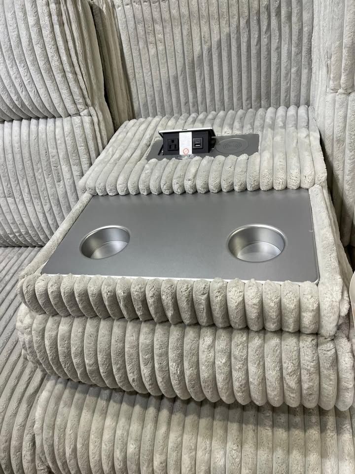 Grey corduroy Power Recliner sofa features LED lighting, wireless audio connectivity & much more