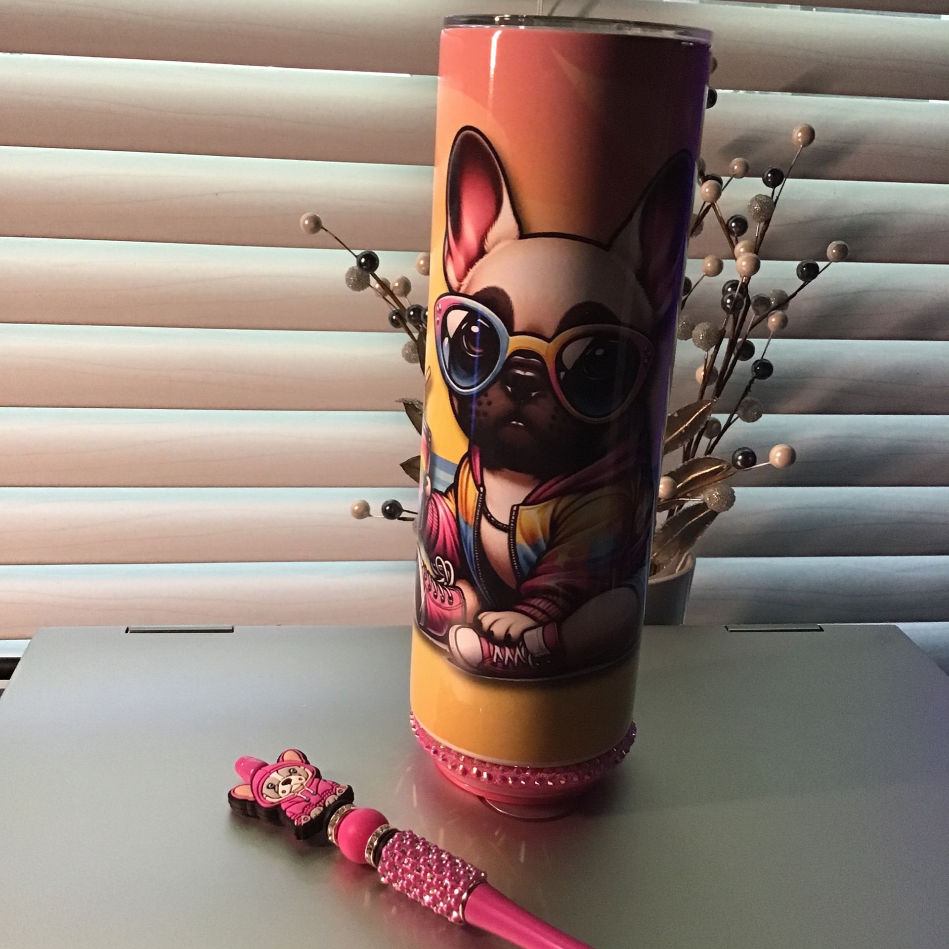 New Colorful Tumbler With The Coolest French Bulldog Sitting On The Beach!