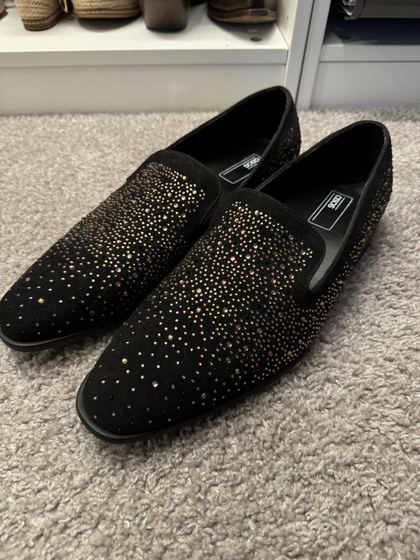 NEW ASOS Black Velvet Gold Rhinestone Men’s Loafers Size 11