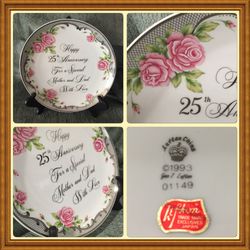 Lefton China #01149 25th Anniversary China 9” Collector Plate Pink Roses Silver Embellishment “For A Special Mother & Dad”