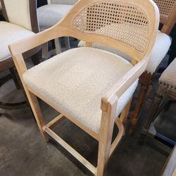 Americana Mid-Century Modern 26" Cane Back Counter Stool, Ivory White Bouclé