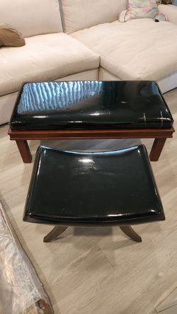 Wooden Bench & Stool, Upholstery/ Leather - BLK