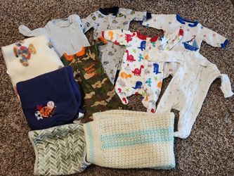 Lot of Preemie Boys Baby Onesies Size P Clothing Plus Crib Blankets - Like New