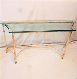 Vintage Tommaso Barbi Italian Solid Brass & Beveled Glass Console Table Side Hall Credenza Sofa Couch Entry Foyer Designer Italy Hollywood Regency MCM