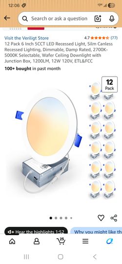 12 Pack 6 Inch 5CCT LED Recessed Liaht, Silm Canless Recessed Lighting, Dimmable, Damp Rated, 2700K- 5000K Selectable, Wafer Ceiling Downlight with Ju