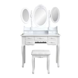 White Foldable 3 Mirror Vanity Dressing Table Set with 7 Drawers Stool MDF Queen Anne Legs