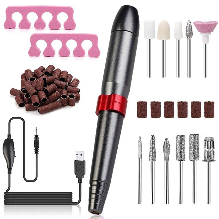 FunPa Electric Nail Drill,Portable Electric Nail Drill, With 11 Pieces Changeable Drills And 10 Sand Bands for Acrylic, Gel Nails, Nail Salon and DIY 