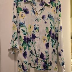 Women's Chico's Cotton Long/Roll-up Sleeves Multicolored Flowered Blouse Size 2/ 12 Or A Large