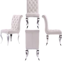 Dining Chairs, White Velvet Upholstered Dining Room Chairs Set of 4, Crystal Decor Button Tufted Dining Chairs with Silver Mirror Cabriole Legs

