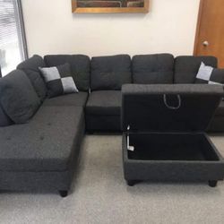 New Sectional Sofa Dark Gray Charcoal Couch Include FREE Storage Ottoman And 2 Pillows 
