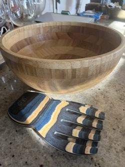 Bamboo Salad Bowl with Wooden Salad Hands