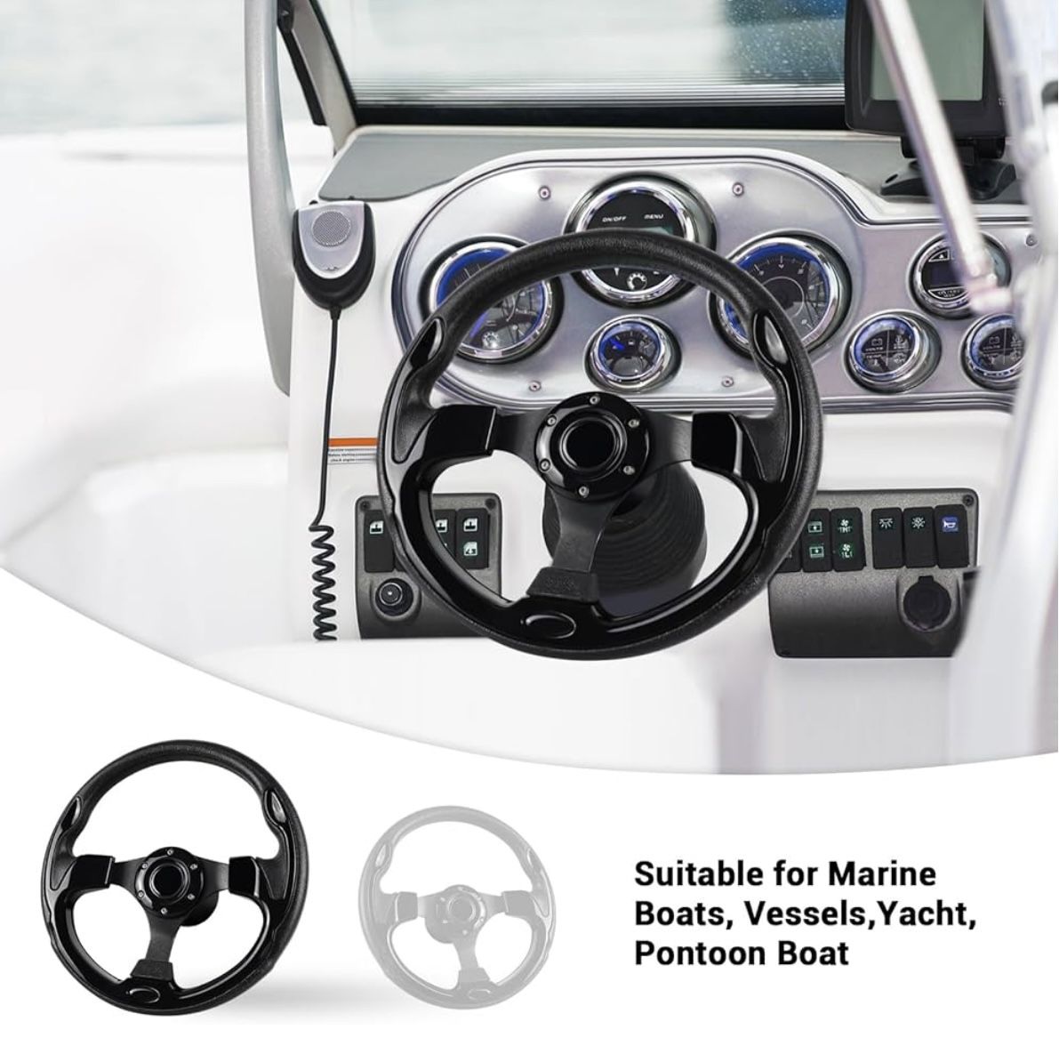 LOSCHEN Boat Steering Wheel Polyurethane Leather with 3/4" Axle Marine Steering Wheel Adapter for Marine Boats,Vessels,Yachts,Pontoons Boat-All Black